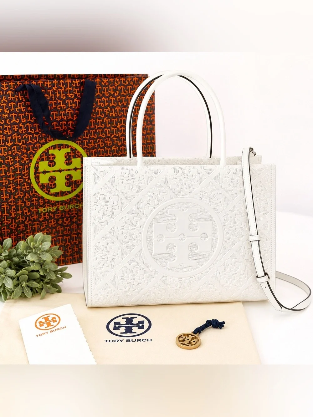 Brand new authentic Tory Burch embossed leather tote in gorgeous crisp white!